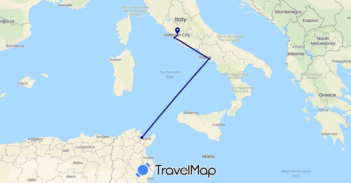 TravelMap itinerary: driving in Italy, Tunisia (Africa, Europe)